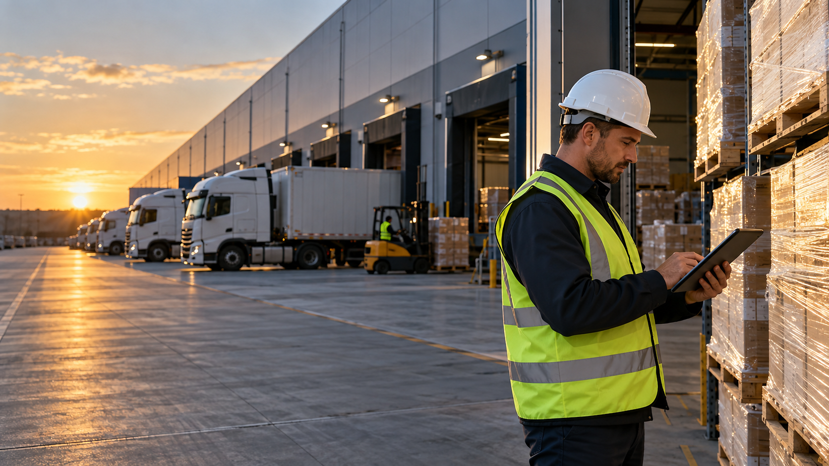Logistics professional in safety equipment reviewing freight beside trucks and warehouse loading docks